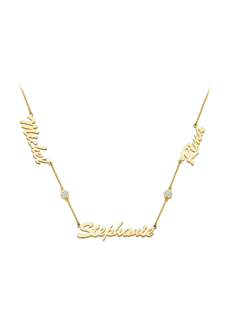 Three Names Necklace with 2 Diamonds in between