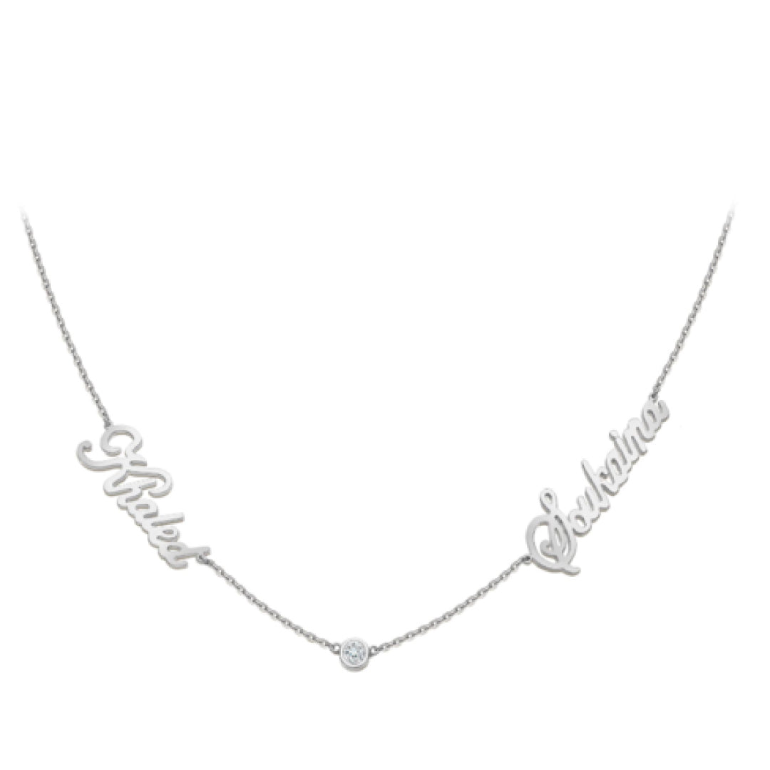 Two Names with Diamond in between Necklace